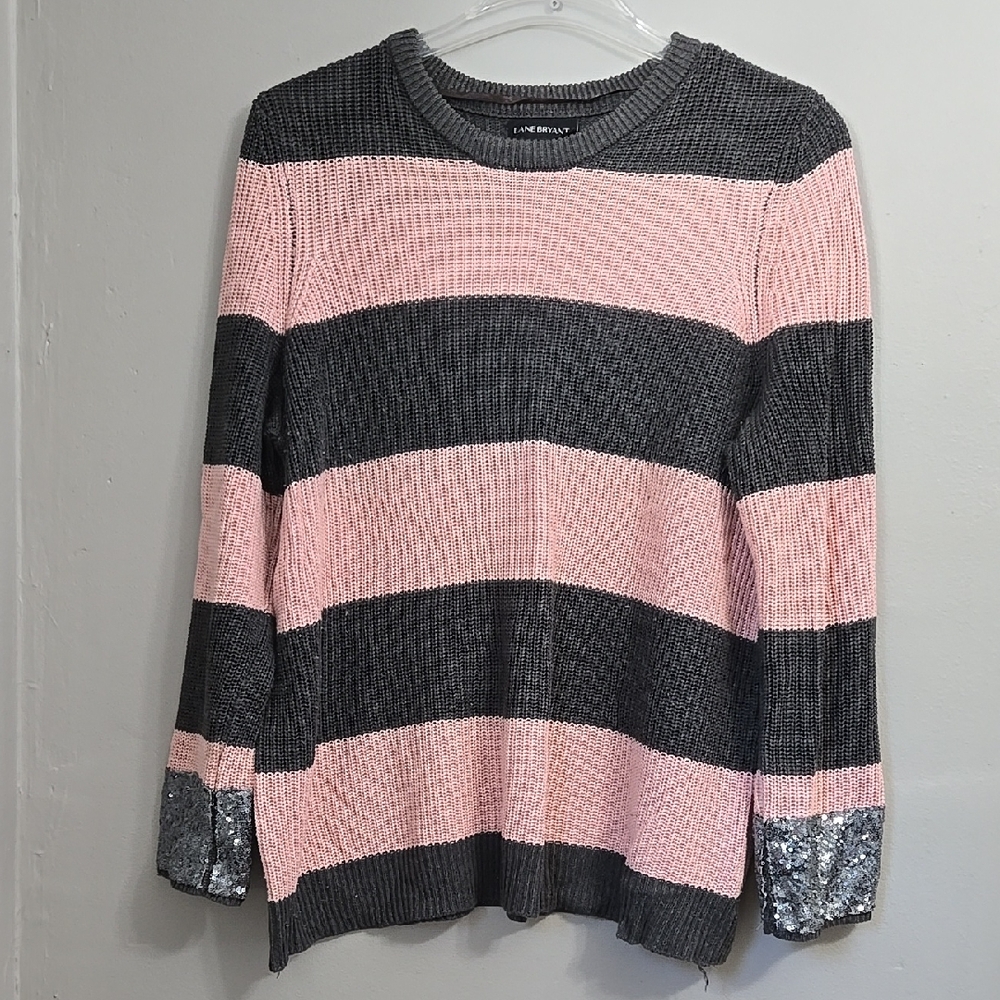 Pink and Gray Striped Sweater with Sequin Cuffs Lane Bryant Womens 14/16 Size